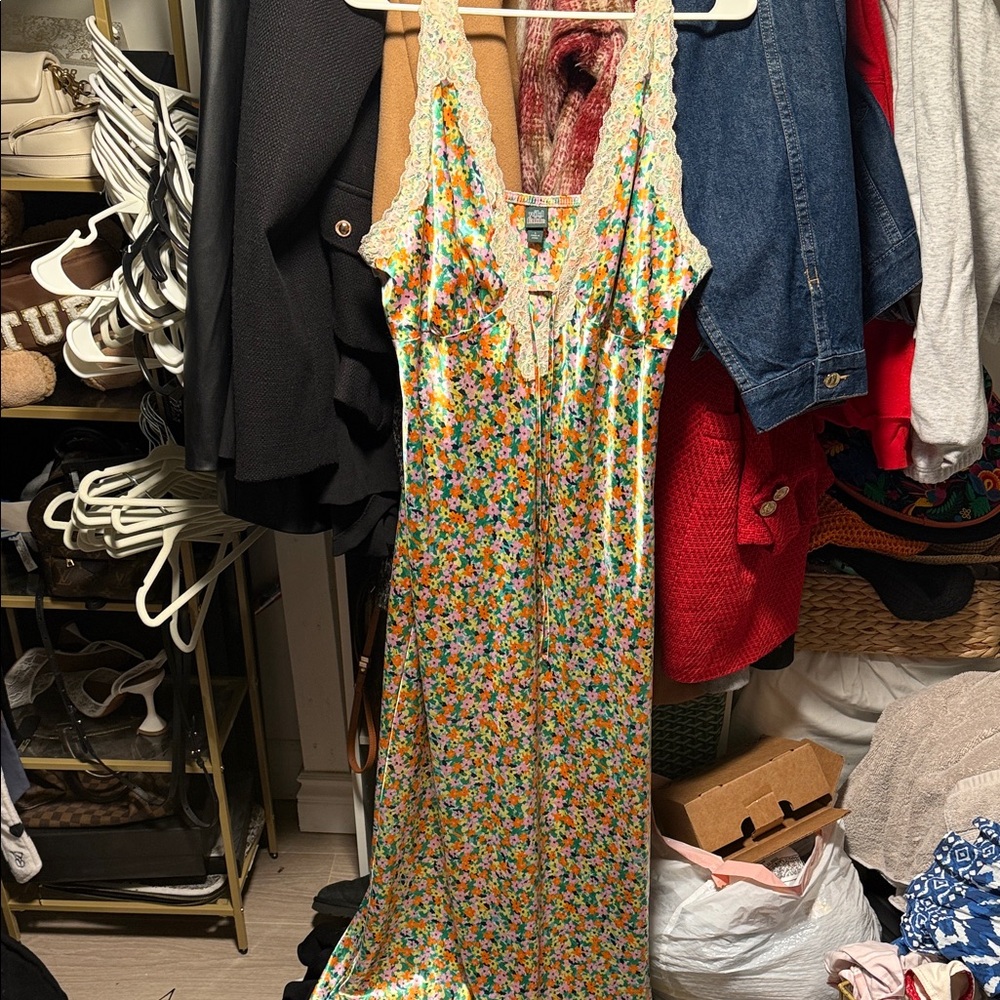 wild fable Yellow Floral Maxi Dress with Cream Lace